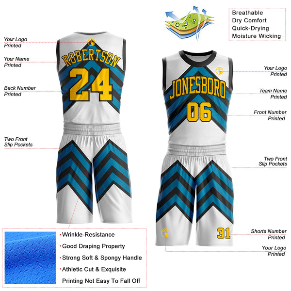Custom White Yellow Blue-Black Abstract Arrow Round Neck Sublimation Basketball Uniform Jersey