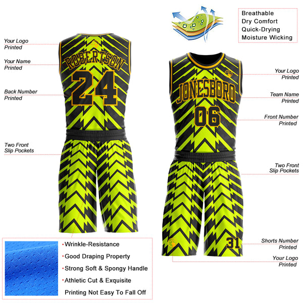 Custom Neon Yellow Black-Gold Abstract Arrow Round Neck Sublimation Basketball Uniform Jersey