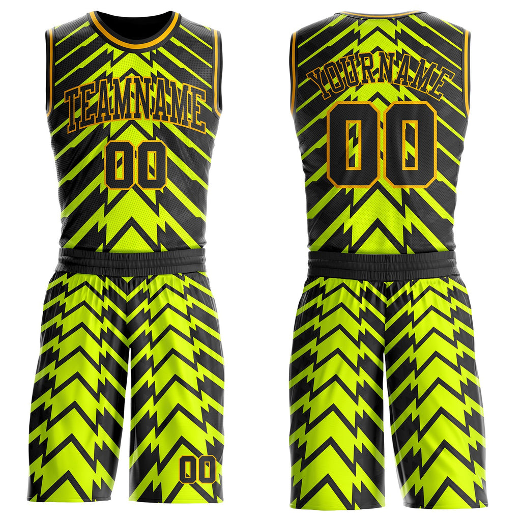 Custom Neon Yellow Black-Gold Abstract Arrow Round Neck Sublimation Basketball Uniform Jersey