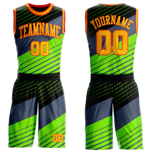 Custom Black Gold Green-Orange Abstract Diagonal Stripes Round Neck Sublimation Basketball Uniform Jersey