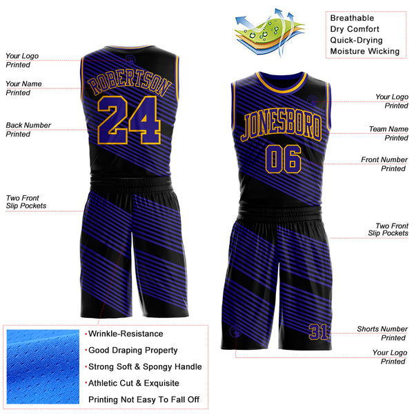 Custom Black Dark Purple-Gold Abstract Diagonal Stripes Round Neck Sublimation Basketball Uniform Jersey