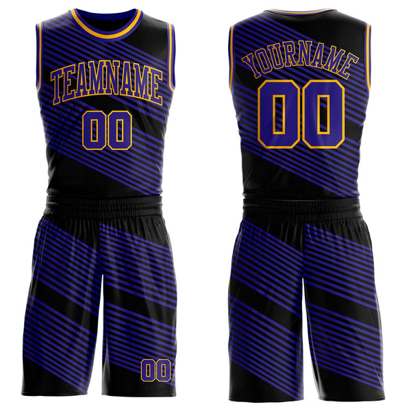 Custom Black Dark Purple-Gold Abstract Diagonal Stripes Round Neck Sublimation Basketball Uniform Jersey