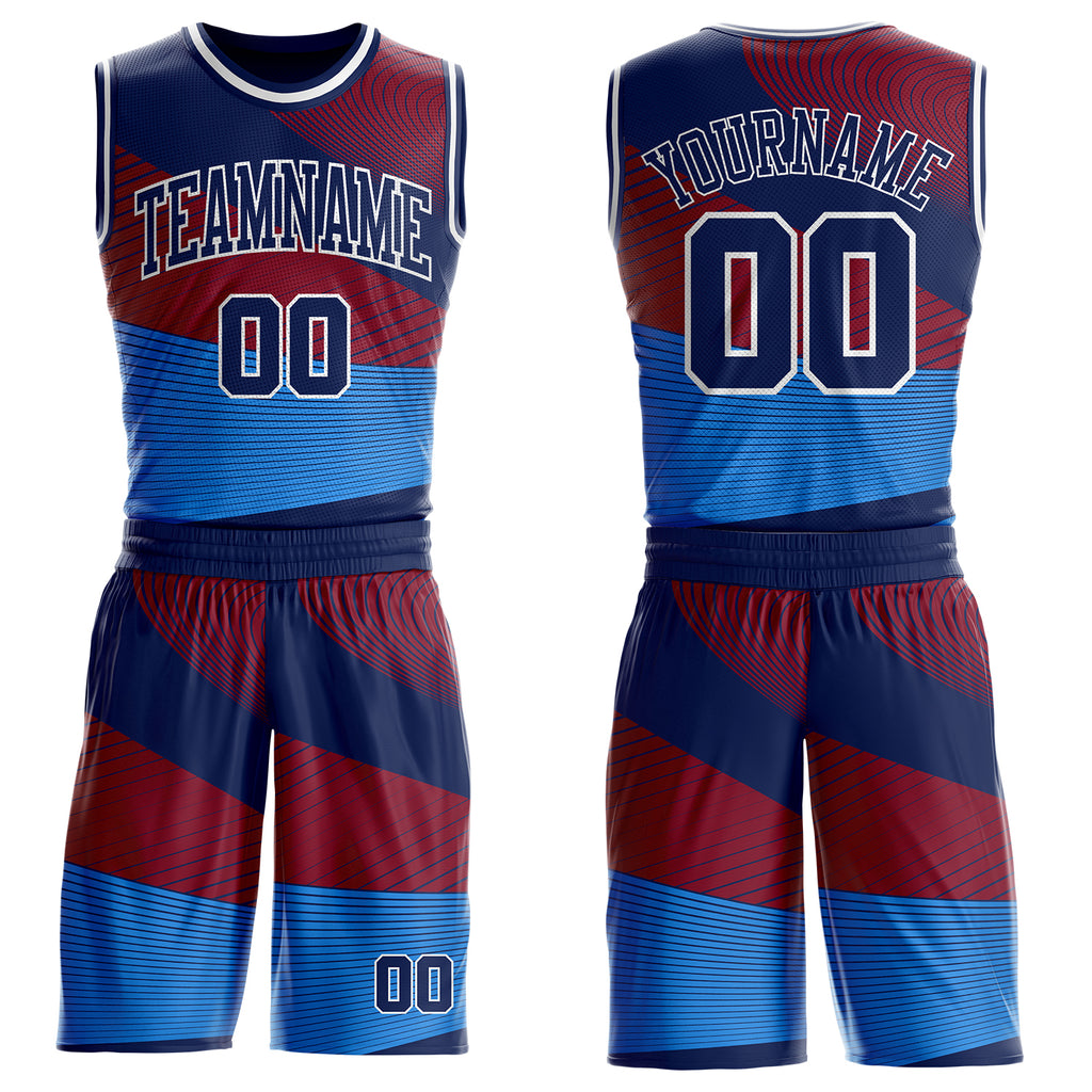 Custom Blue Navy Red-White Abstract Gradient Wave Round Neck Sublimation Basketball Uniform Jersey