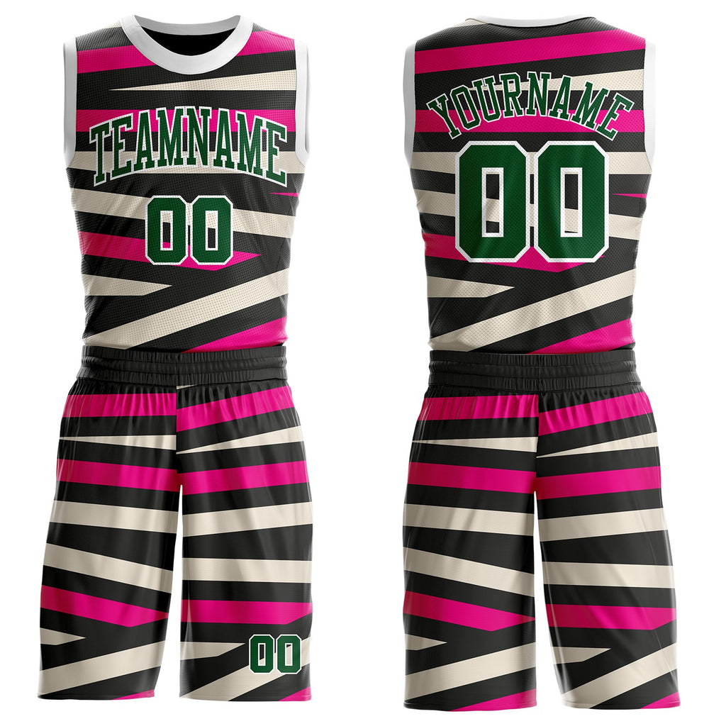 Custom Black Green Hot Pink Cream-White Abstract Stripes Round Neck Sublimation Basketball Uniform Jersey