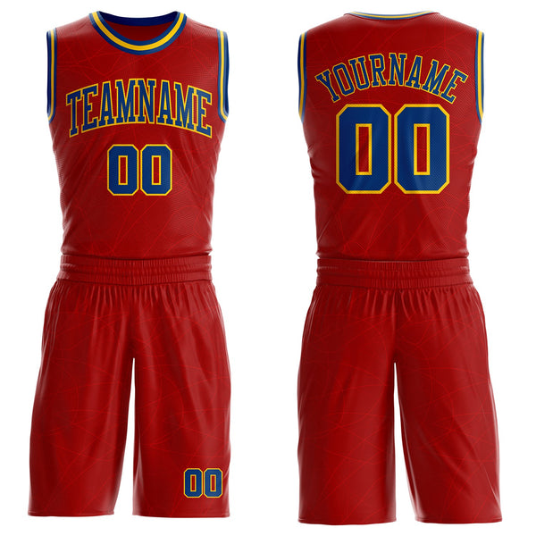 Custom Red US Navy Blue-Yellow Abstract Curved Lines Round Neck Sublimation Basketball Uniform Jersey