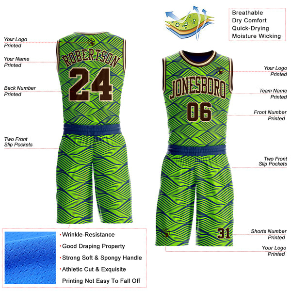 Custom Neon Green Brown Blue-Cream Abstract Wave Round Neck Sublimation Basketball Uniform Jersey