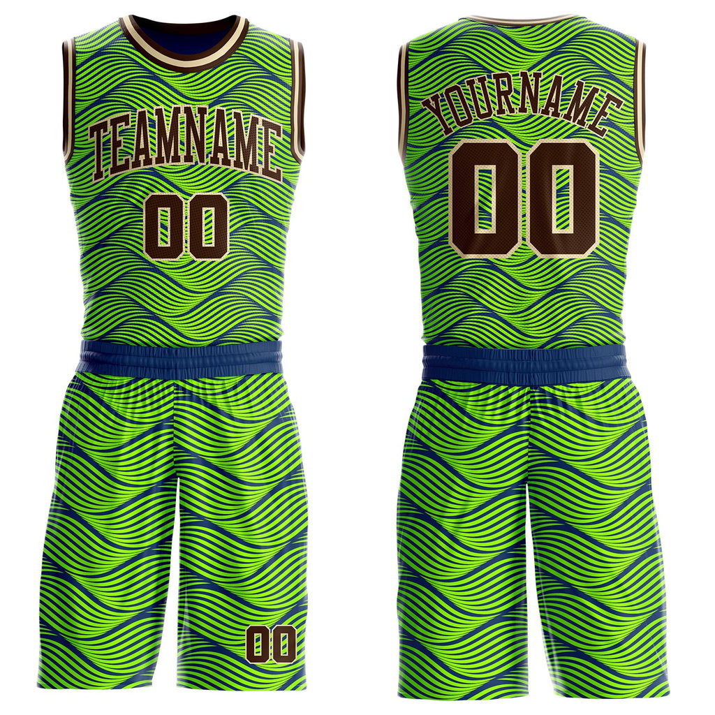 Custom Neon Green Brown Blue-Cream Abstract Wave Round Neck Sublimation Basketball Uniform Jersey