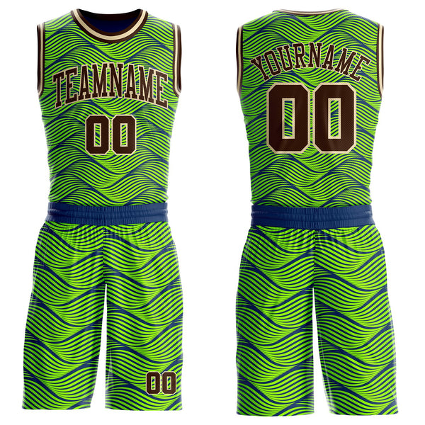 Custom Neon Green Brown Blue-Cream Abstract Wave Round Neck Sublimation Basketball Uniform Jersey