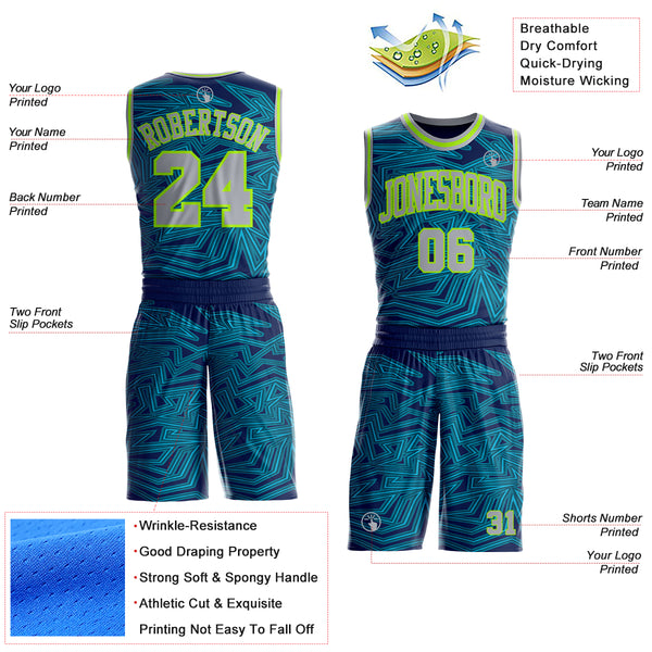 Custom Blue Gray Navy-Neon Green Abstract Tech Geometric Lines Round Neck Sublimation Basketball Uniform Jersey