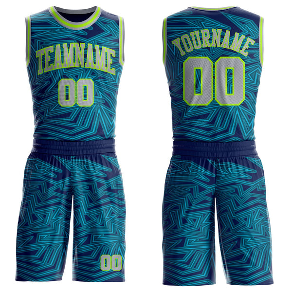 Custom Blue Gray Navy-Neon Green Abstract Tech Geometric Lines Round Neck Sublimation Basketball Uniform Jersey