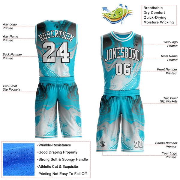 Custom Lakes Blue White-Black Marble Swirl Liquid Fluid Round Neck Sublimation Basketball Uniform Jersey