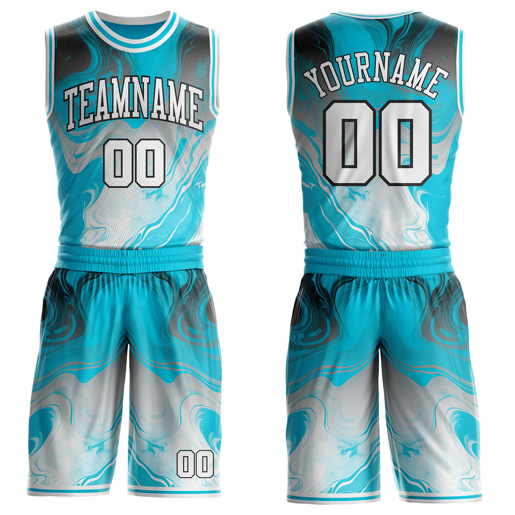 Custom Lakes Blue White-Black Marble Swirl Liquid Fluid Round Neck Sublimation Basketball Uniform Jersey