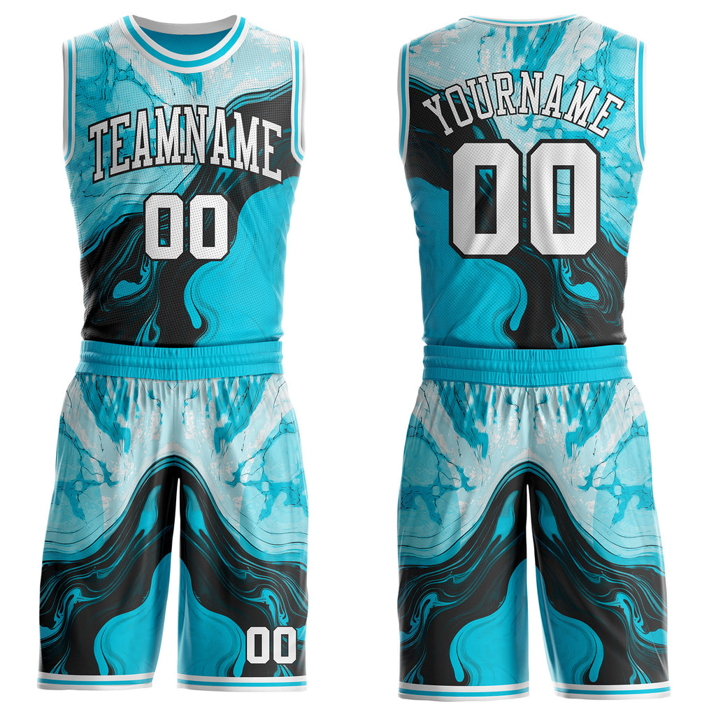Custom Lakes Blue White-Black Marble Swirl Liquid Fluid Round Neck Sublimation Basketball Uniform Jersey
