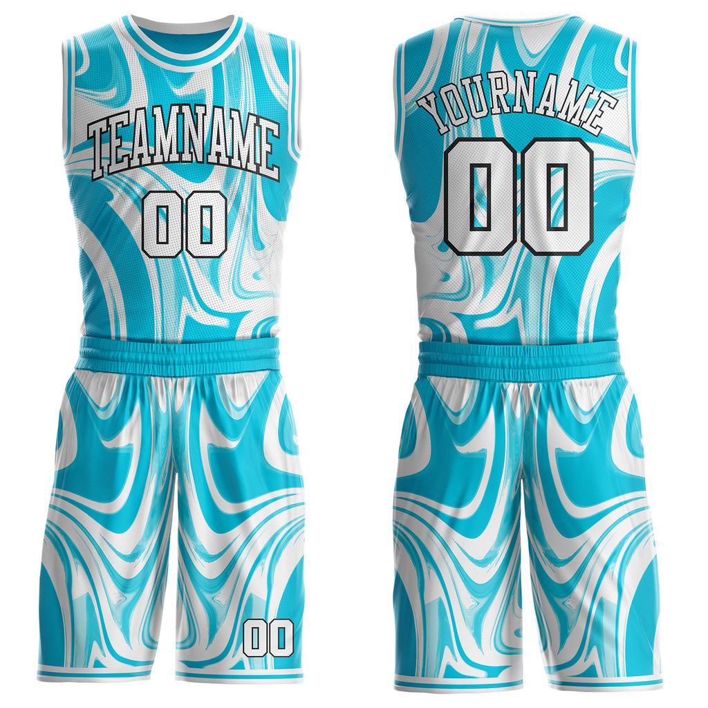 Custom Lakes Blue White-Black Marble Swirl Liquid Fluid Round Neck Sublimation Basketball Uniform Jersey