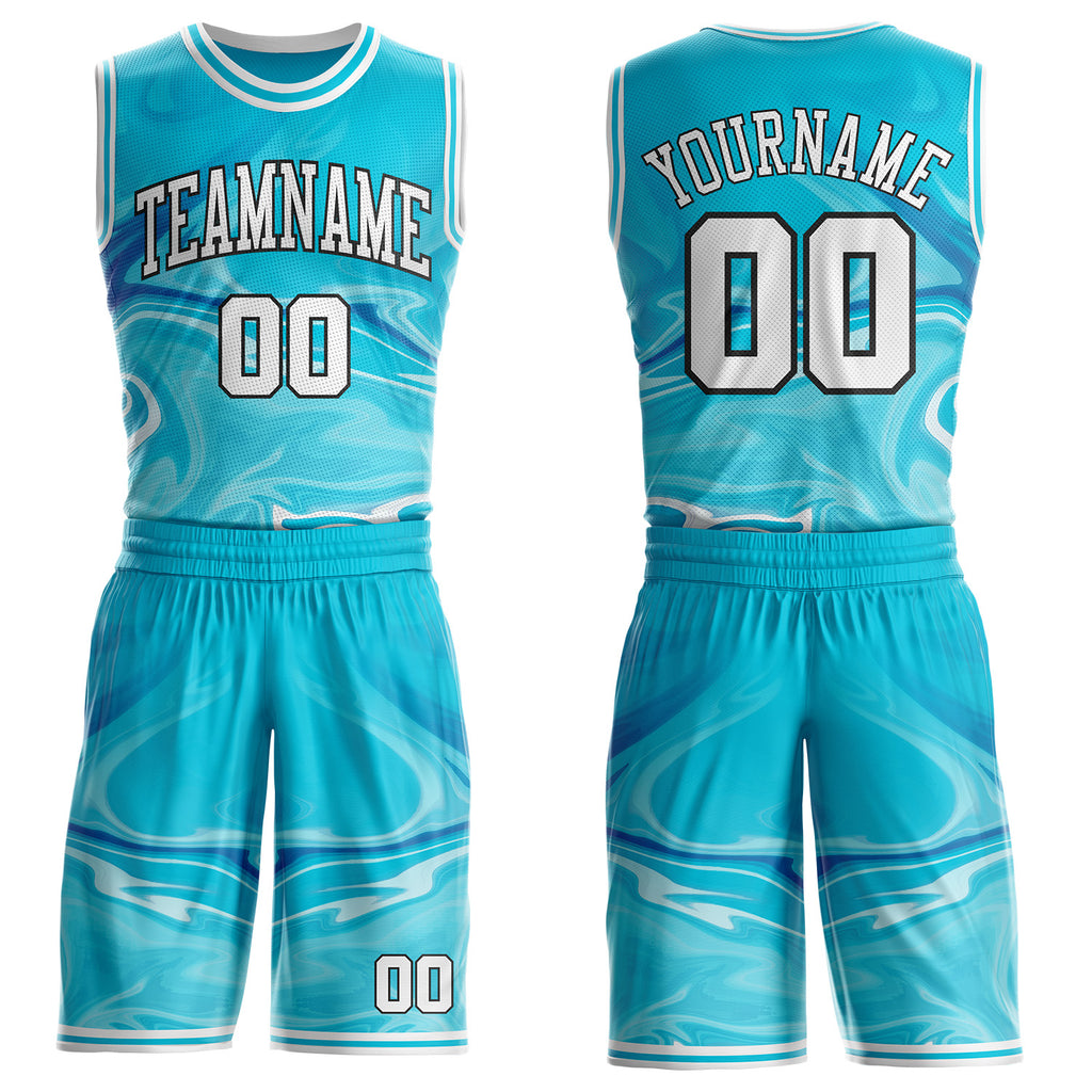 Custom Lakes Blue White-Black Marble Swirl Liquid Fluid Round Neck Sublimation Basketball Uniform Jersey