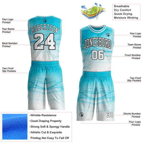 Custom Lakes Blue White-Black Marble Swirl Liquid Fluid Round Neck Sublimation Basketball Uniform Jersey