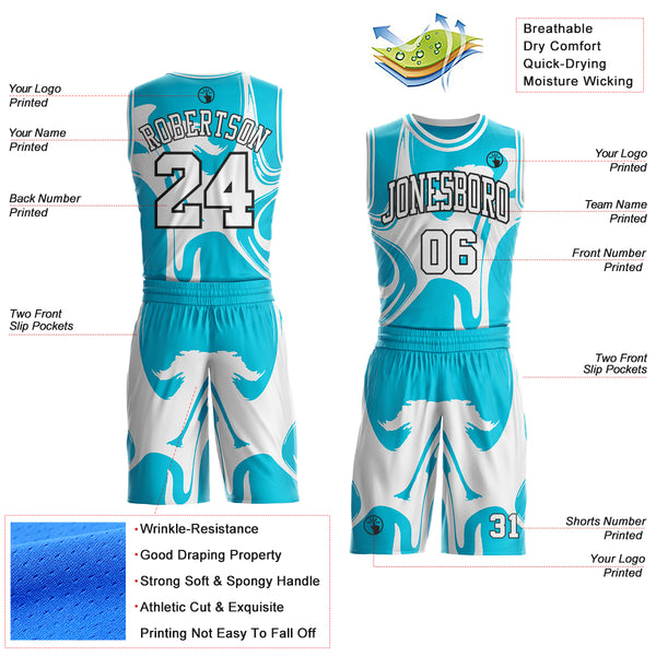 Custom Lakes Blue White-Black Marble Swirl Liquid Fluid Round Neck Sublimation Basketball Uniform Jersey