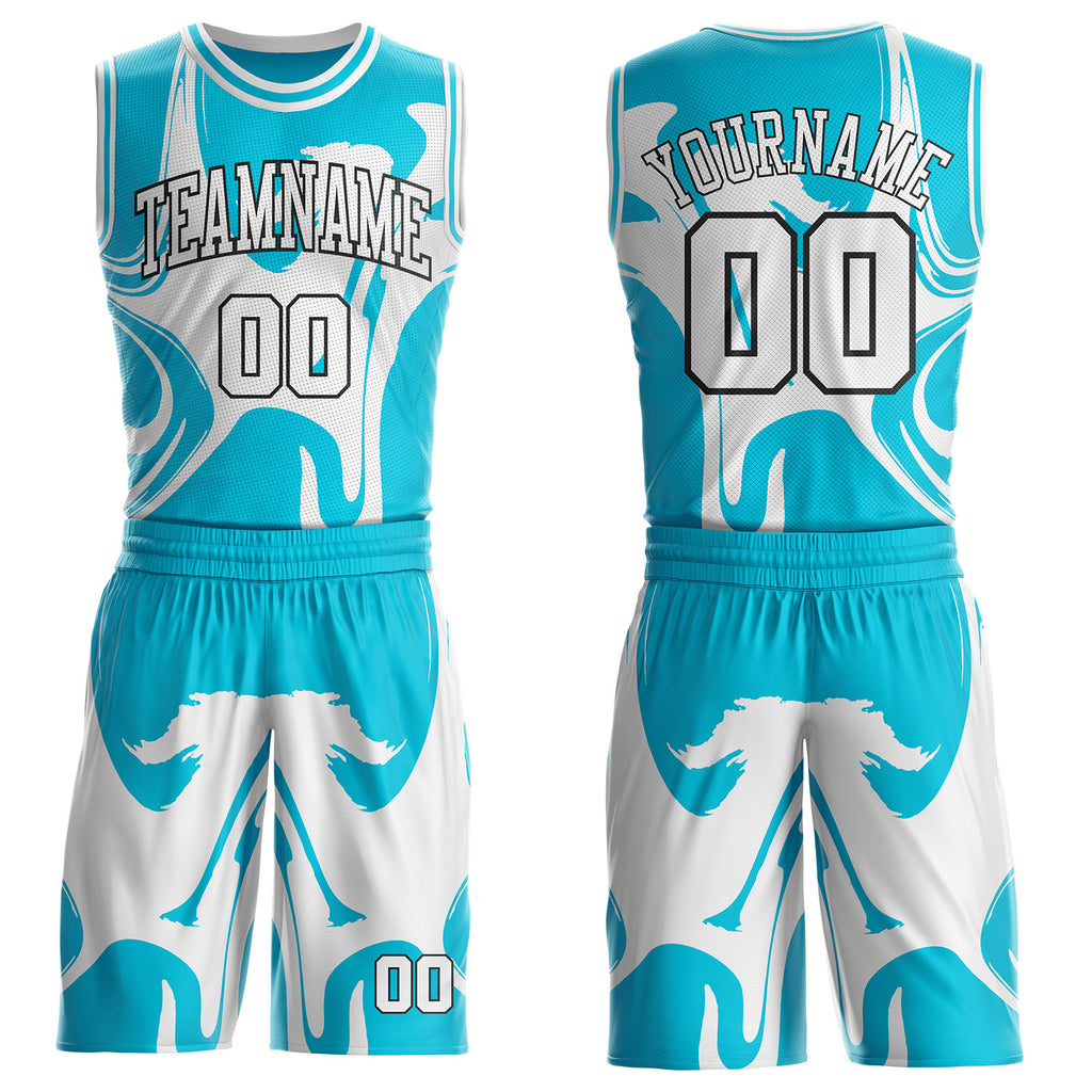 Custom Lakes Blue White-Black Marble Swirl Liquid Fluid Round Neck Sublimation Basketball Uniform Jersey