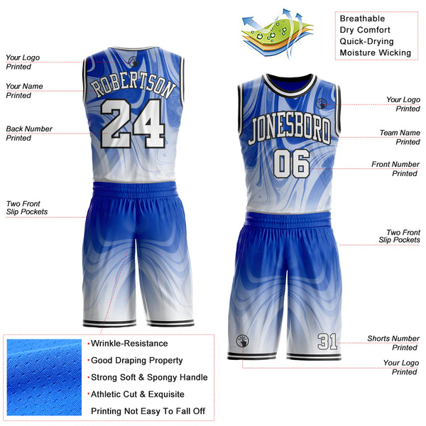 Custom Thunder Blue White-Black Marble Swirl Liquid Fluid Round Neck Sublimation Basketball Uniform Jersey