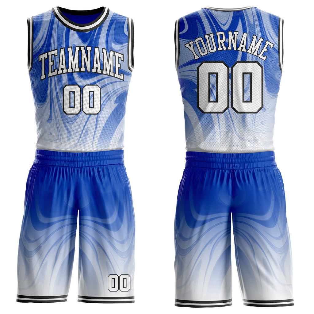 Custom Thunder Blue White-Black Marble Swirl Liquid Fluid Round Neck Sublimation Basketball Uniform Jersey