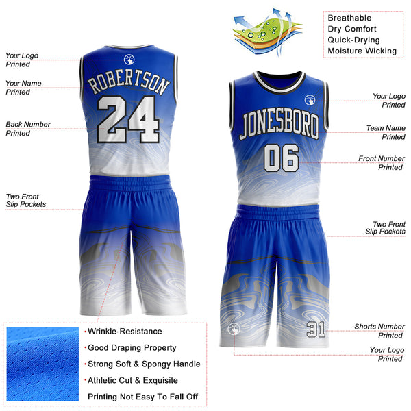 Custom Thunder Blue White-Black Marble Swirl Liquid Fluid Round Neck Sublimation Basketball Uniform Jersey