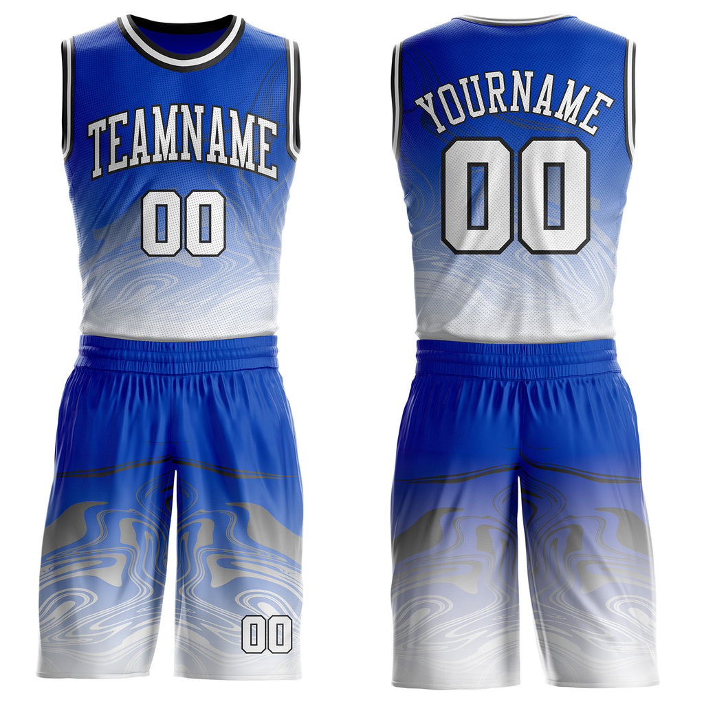Custom Thunder Blue White-Black Marble Swirl Liquid Fluid Round Neck Sublimation Basketball Uniform Jersey