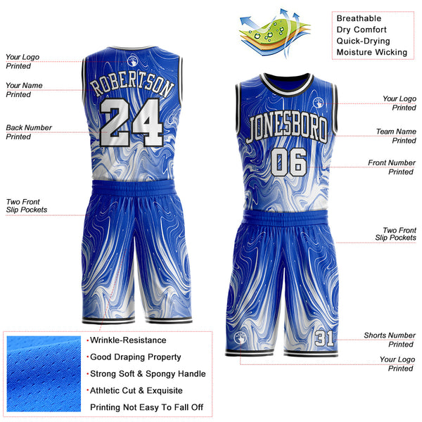 Custom Thunder Blue White-Black Marble Swirl Liquid Fluid Round Neck Sublimation Basketball Uniform Jersey