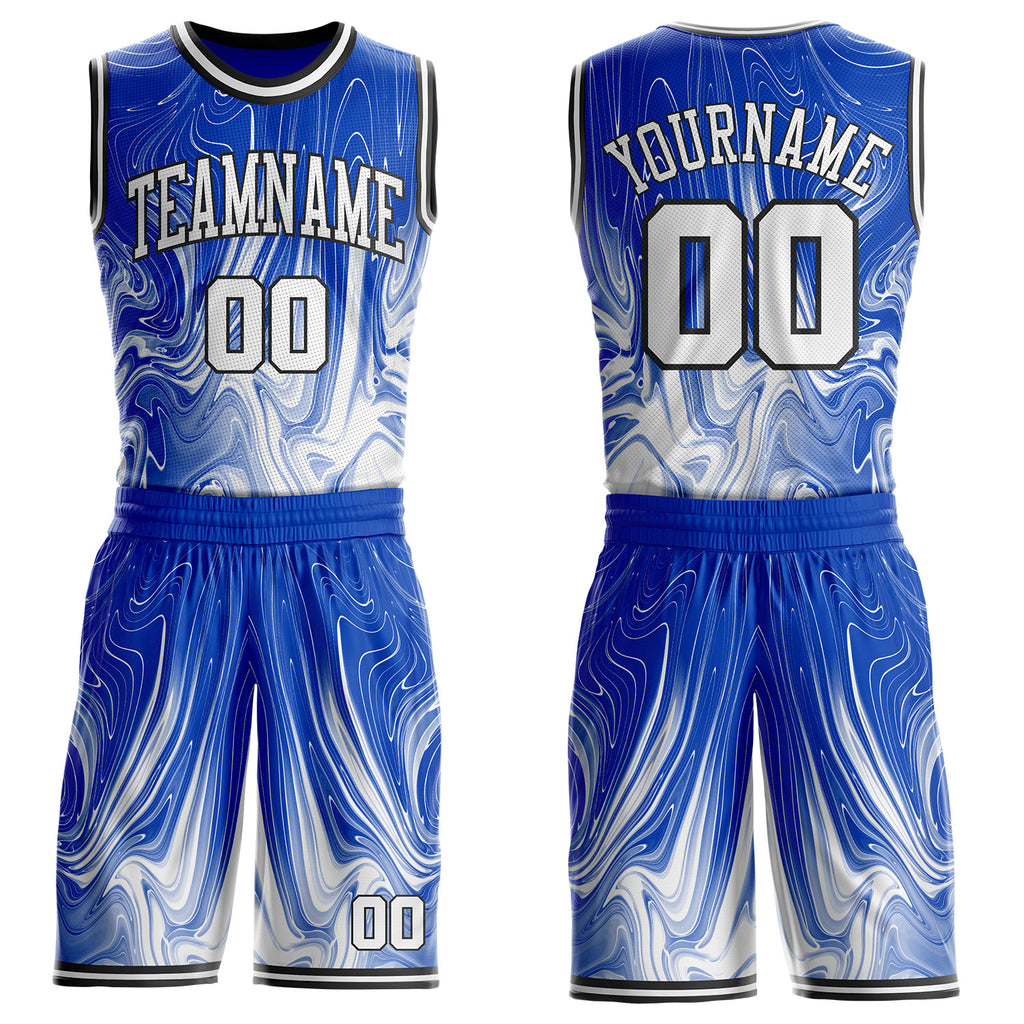 Custom Thunder Blue White-Black Marble Swirl Liquid Fluid Round Neck Sublimation Basketball Uniform Jersey