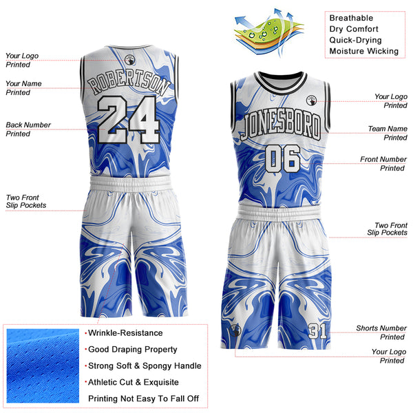 Custom Thunder Blue White-Black Marble Swirl Liquid Fluid Round Neck Sublimation Basketball Uniform Jersey