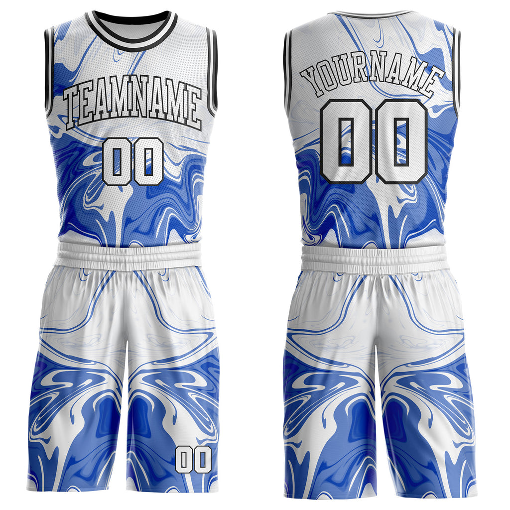 Custom Thunder Blue White-Black Marble Swirl Liquid Fluid Round Neck Sublimation Basketball Uniform Jersey