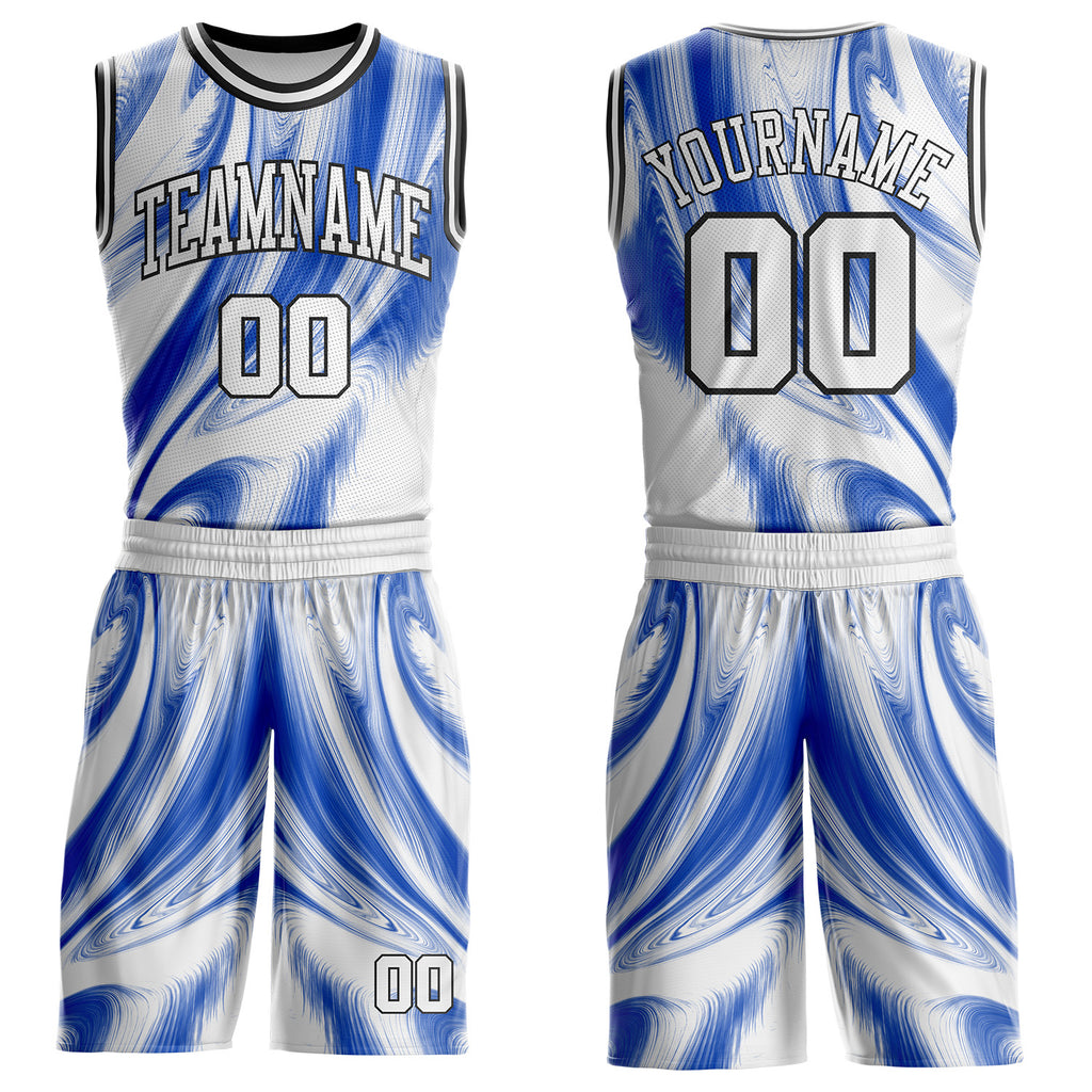 Custom Thunder Blue White-Black Marble Swirl Liquid Fluid Round Neck Sublimation Basketball Uniform Jersey