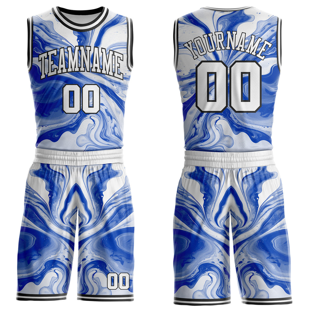 Custom Thunder Blue White-Black Marble Swirl Liquid Fluid Round Neck Sublimation Basketball Uniform Jersey