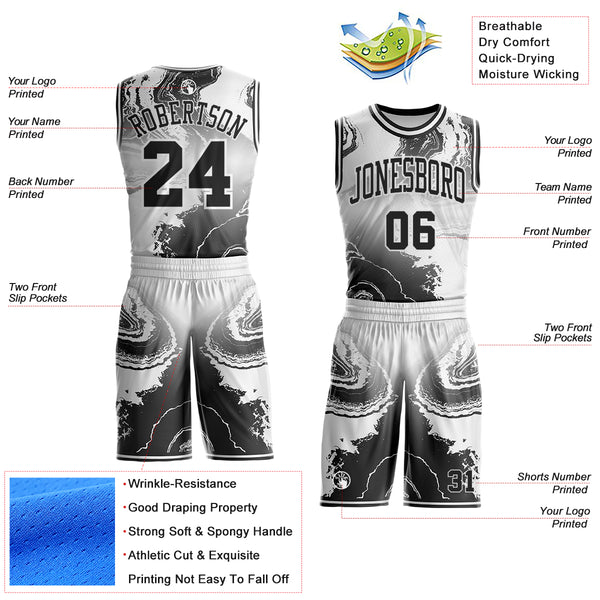 Custom Gray Black-White Marble Swirl Liquid Fluid Round Neck Sublimation Basketball Uniform Jersey
