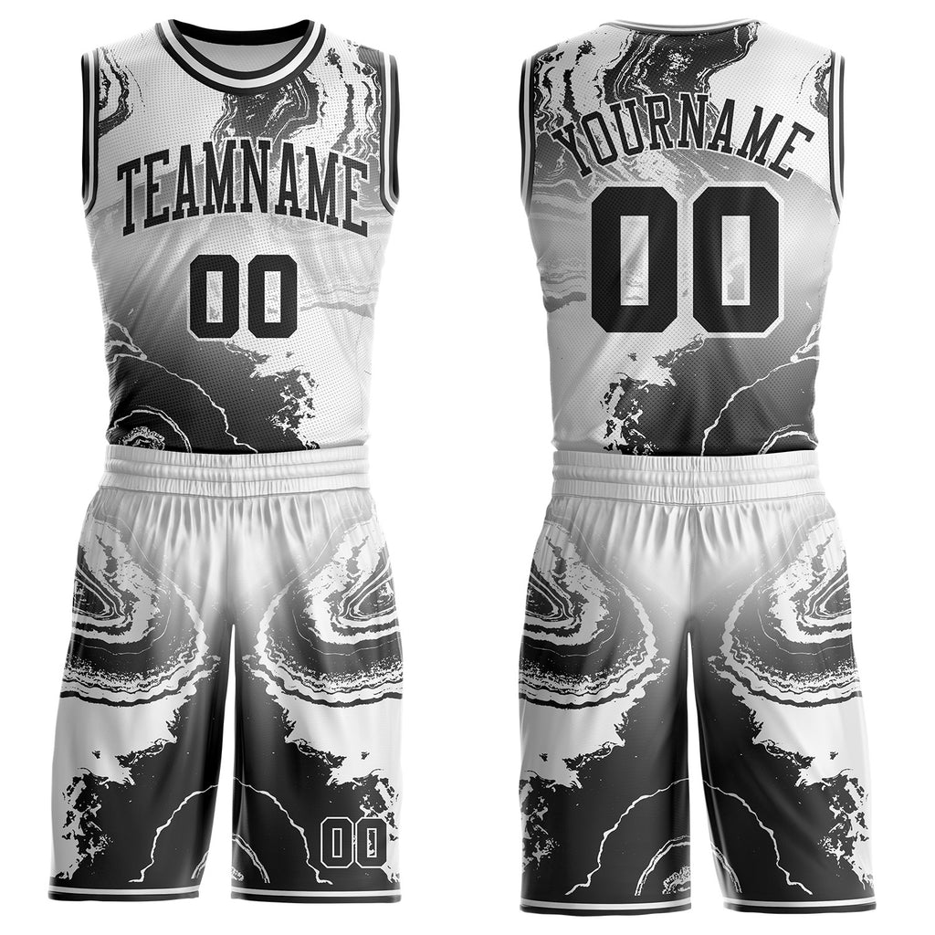 Custom Gray Black-White Marble Swirl Liquid Fluid Round Neck Sublimation Basketball Uniform Jersey