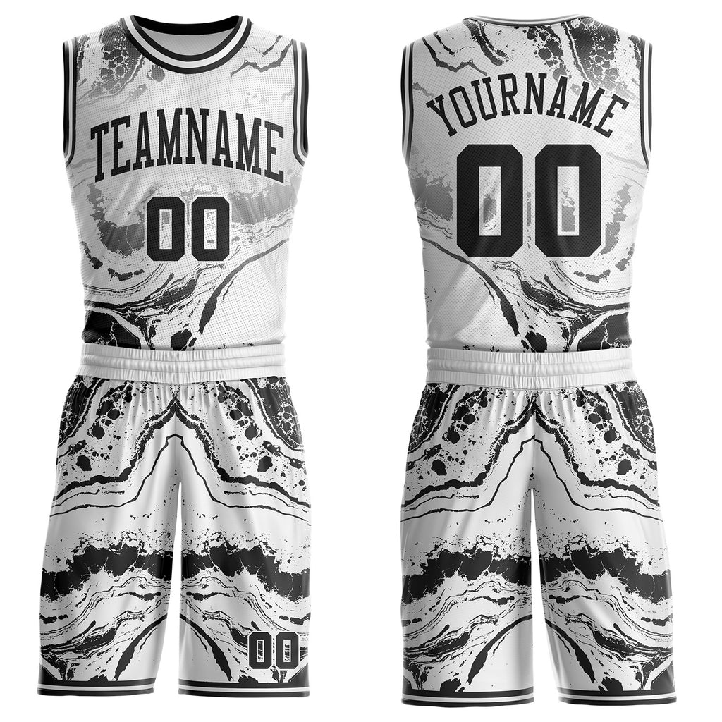 Custom White Black-Gray Marble Swirl Liquid Fluid Round Neck Sublimation Basketball Uniform Jersey