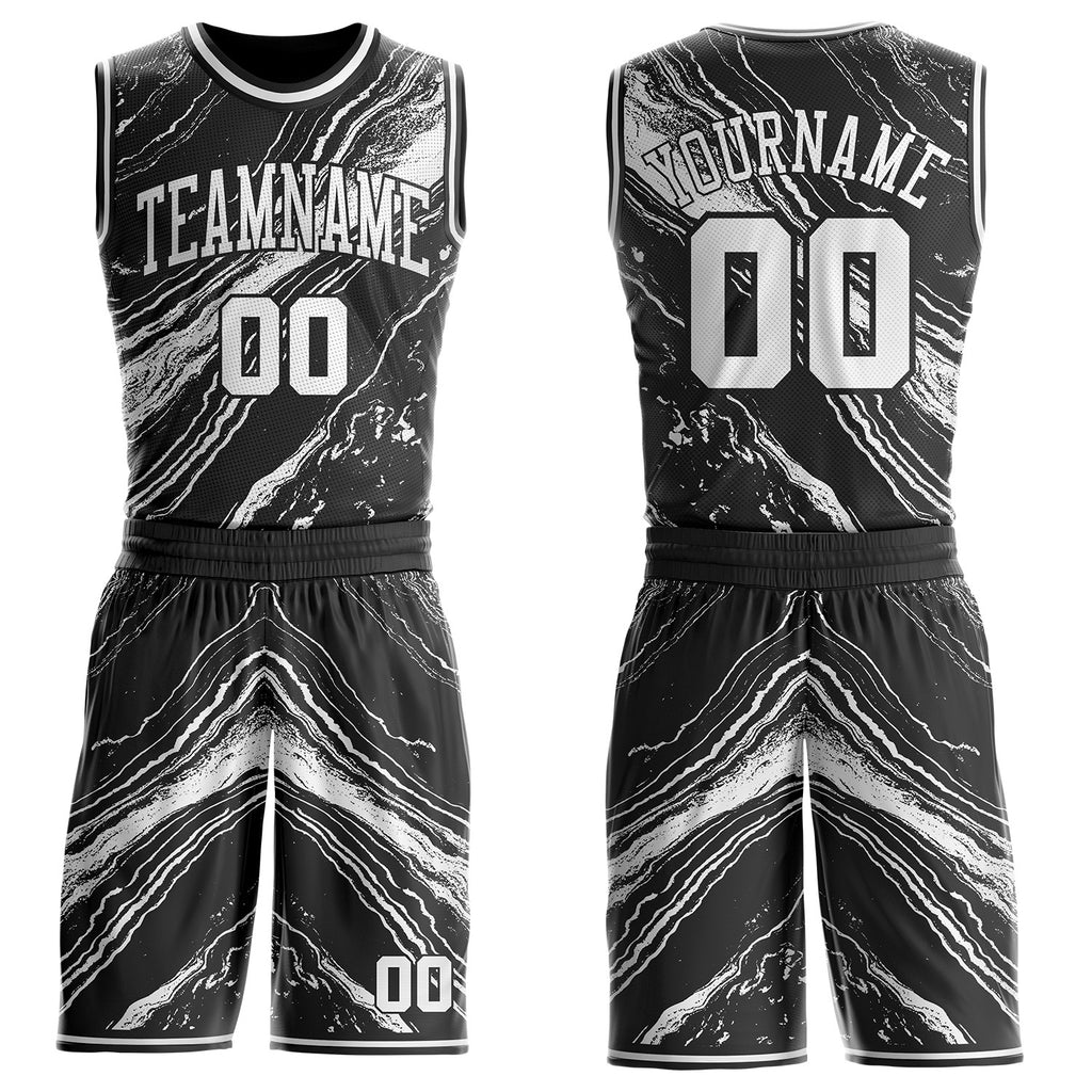 Custom Black-White Marble Swirl Liquid Fluid Round Neck Sublimation Basketball Uniform Jersey