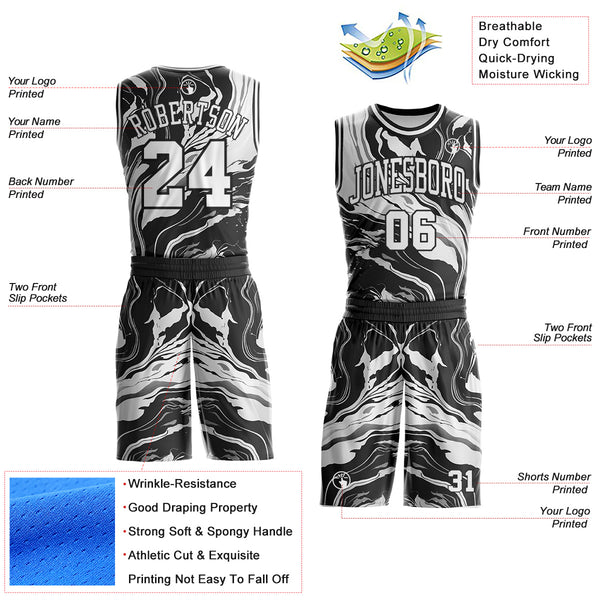 Custom Black-White Marble Swirl Liquid Fluid Round Neck Sublimation Basketball Uniform Jersey