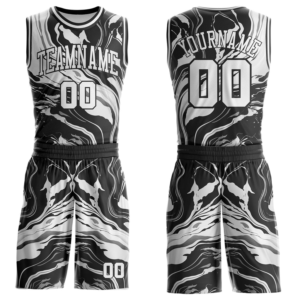 Custom Black-White Marble Swirl Liquid Fluid Round Neck Sublimation Basketball Uniform Jersey