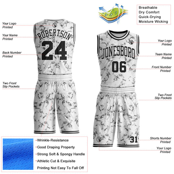 Custom White-Black Marble Swirl Round Neck Sublimation Basketball Uniform Jersey