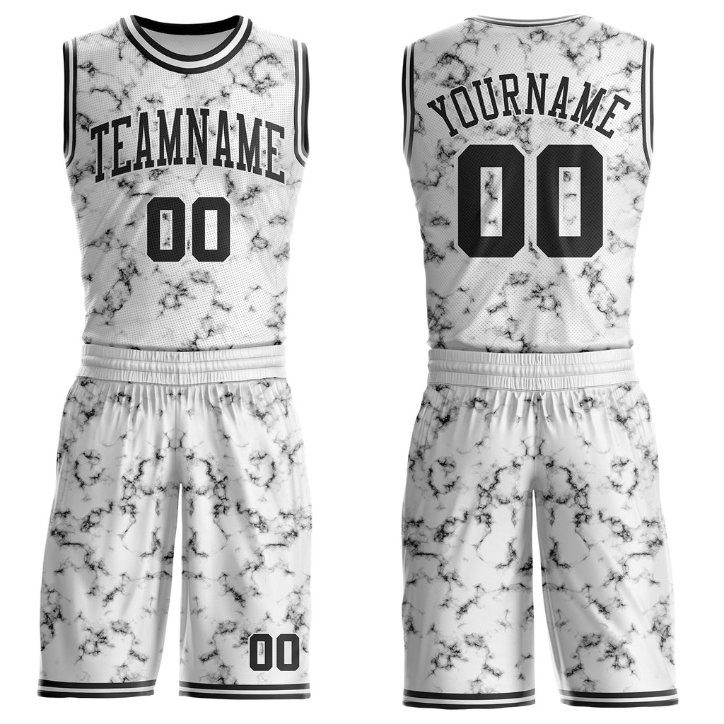 Custom White-Black Marble Swirl Round Neck Sublimation Basketball Uniform Jersey
