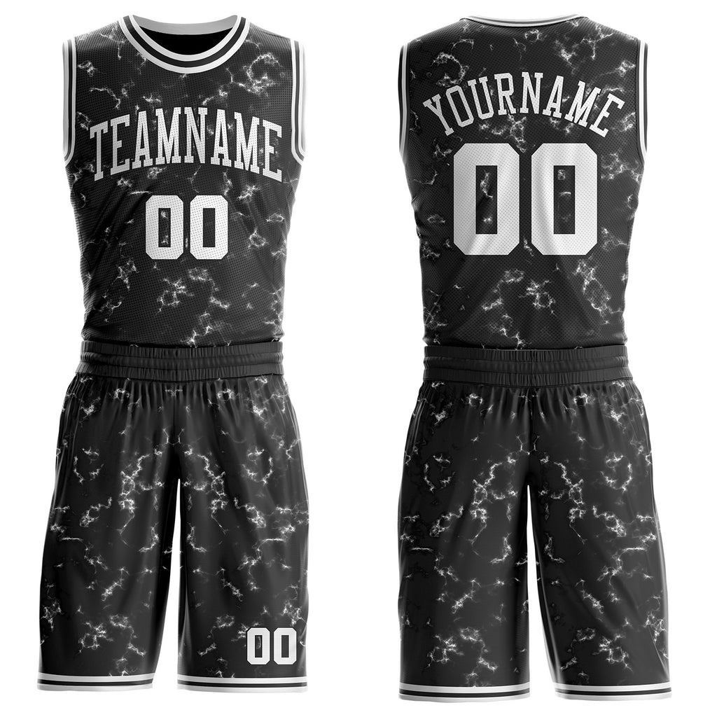 Custom Black-White Marble Swirl Round Neck Sublimation Basketball Uniform Jersey