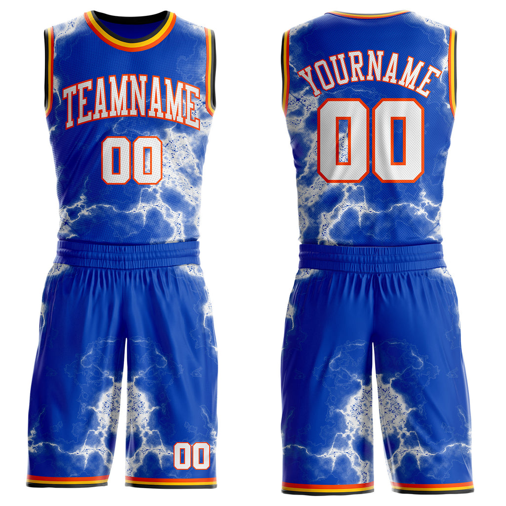 Custom Thunder Blue White Orange Black-Yellow Marble Swirl Round Neck Sublimation Basketball Uniform Jersey