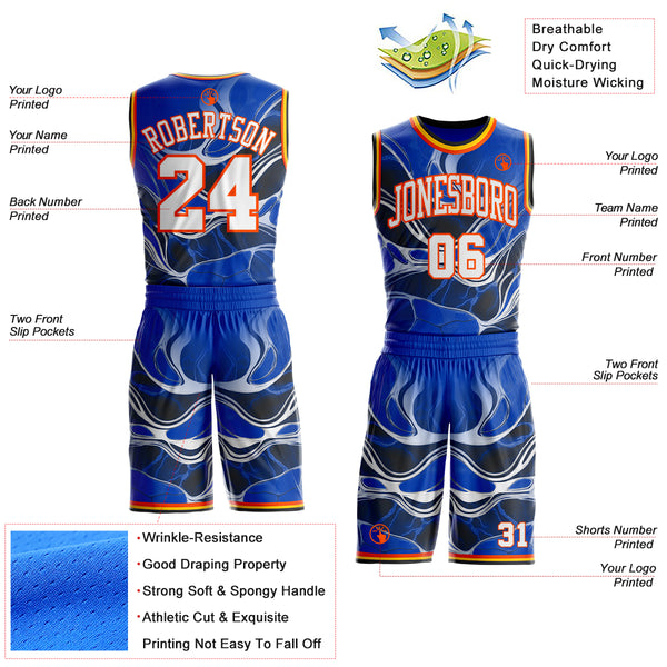 Custom Thunder Blue White Orange Black-Yellow Marble Swirl Round Neck Sublimation Basketball Uniform Jersey