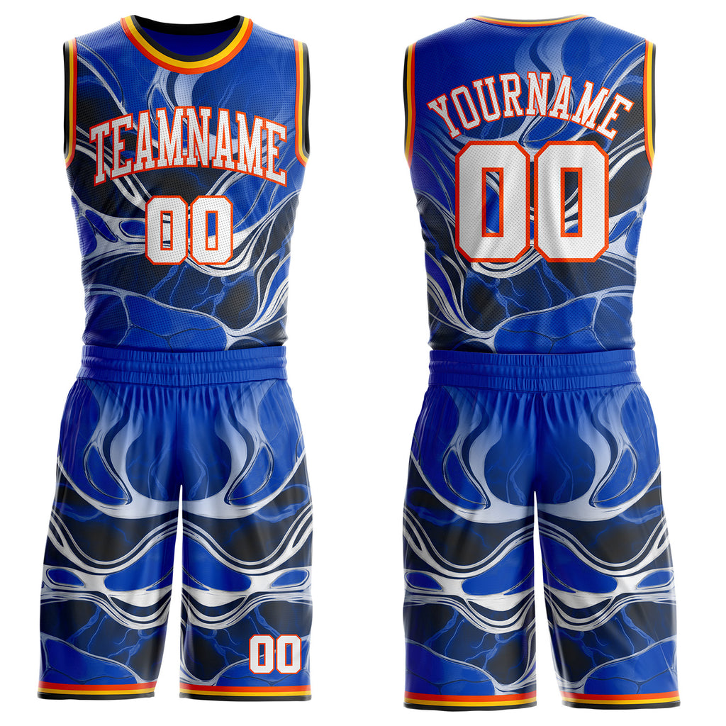 Custom Thunder Blue White Orange Black-Yellow Marble Swirl Round Neck Sublimation Basketball Uniform Jersey