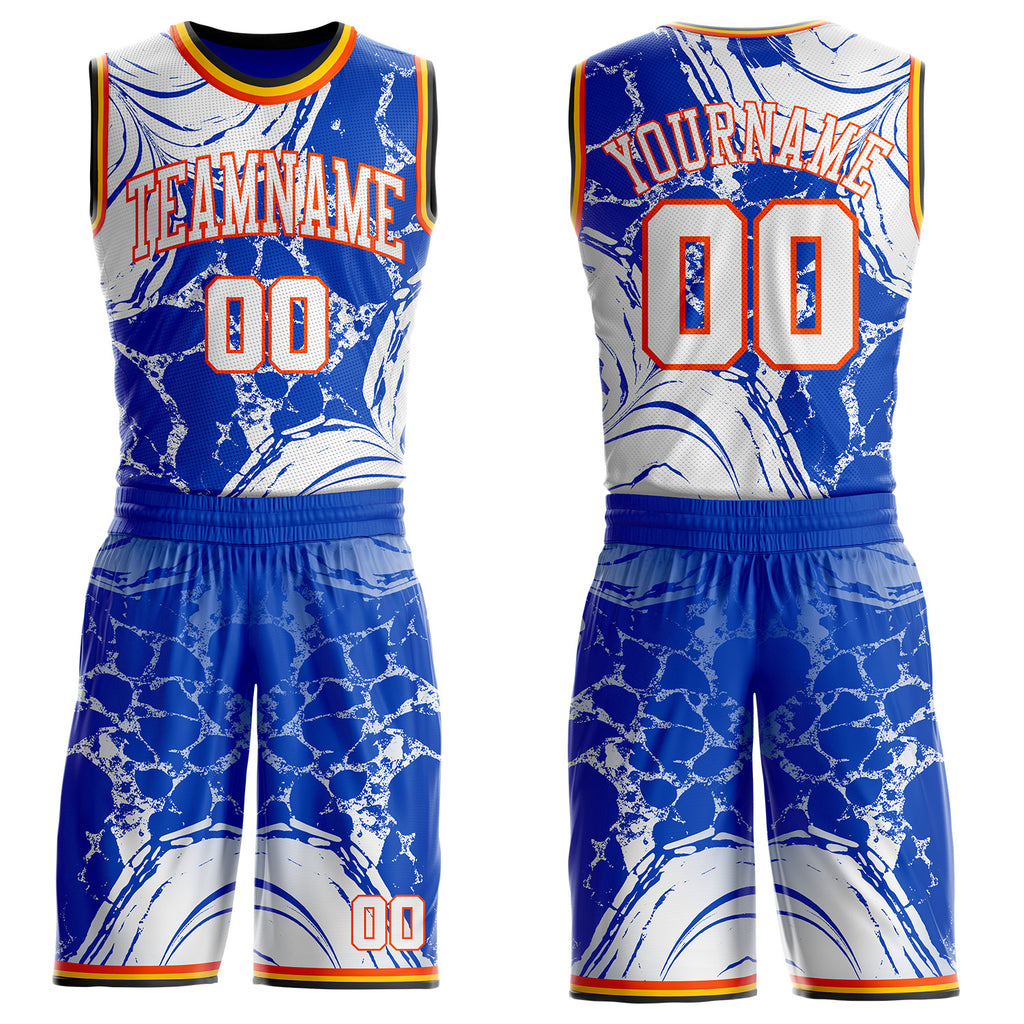 Custom Thunder Blue White Orange Black-Yellow Marble Swirl Round Neck Sublimation Basketball Uniform Jersey