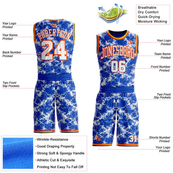 Custom Thunder Blue White Orange Black-Yellow Marble Swirl Round Neck Sublimation Basketball Uniform Jersey