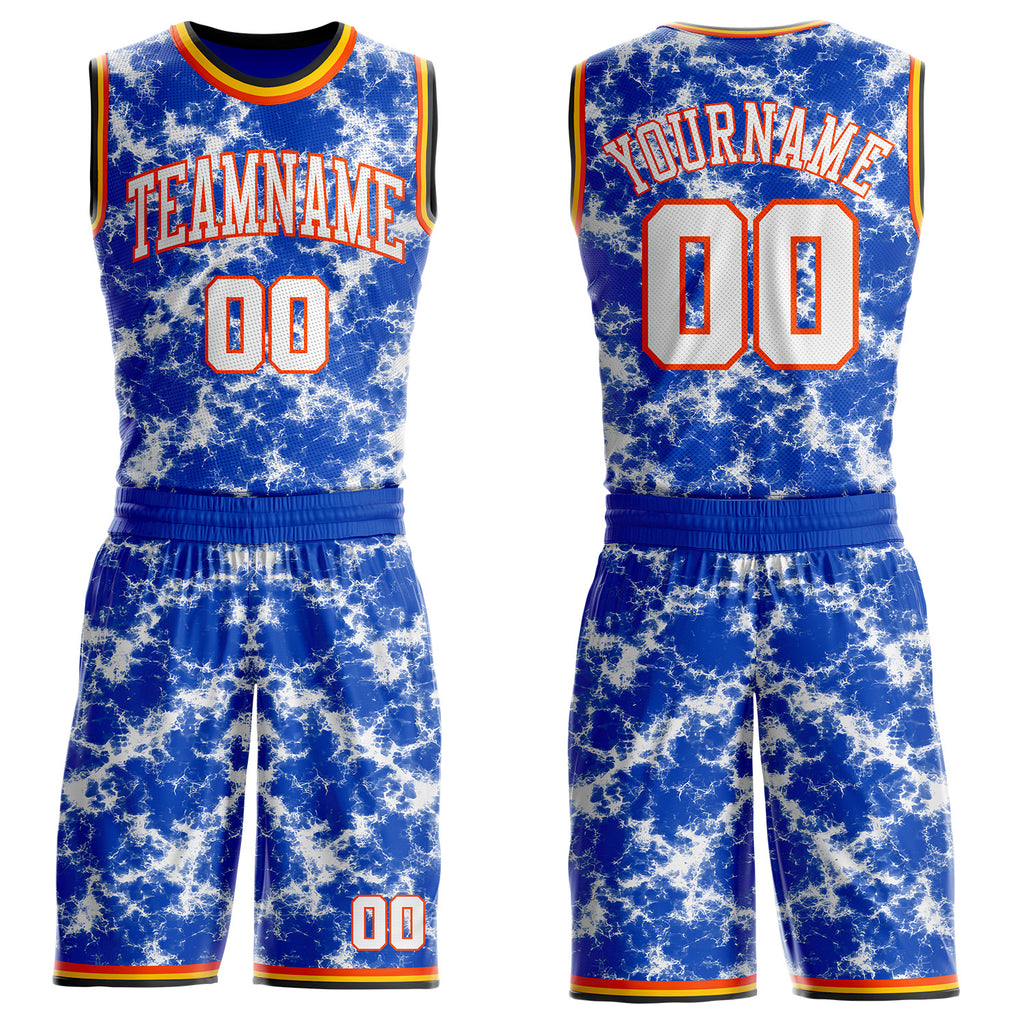Custom Thunder Blue White Orange Black-Yellow Marble Swirl Round Neck Sublimation Basketball Uniform Jersey