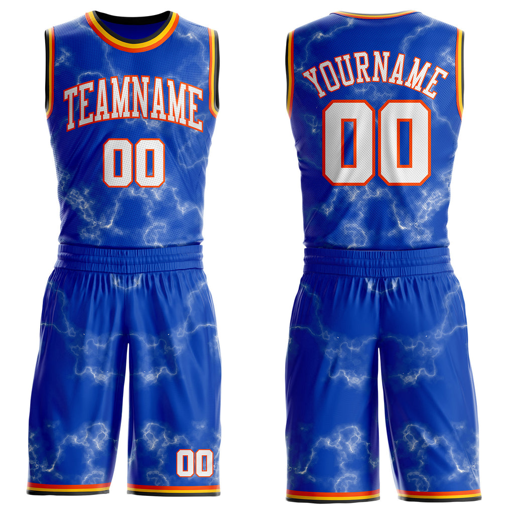 Custom Thunder Blue White Orange Black-Yellow Marble Swirl Round Neck Sublimation Basketball Uniform Jersey