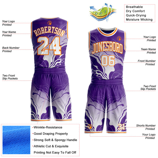 Custom Purple White-Bay Orange Marble Swirl Liquid Fluid Round Neck Sublimation Basketball Uniform Jersey