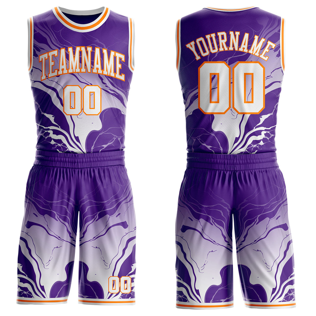 Custom Purple White-Bay Orange Marble Swirl Liquid Fluid Round Neck Sublimation Basketball Uniform Jersey